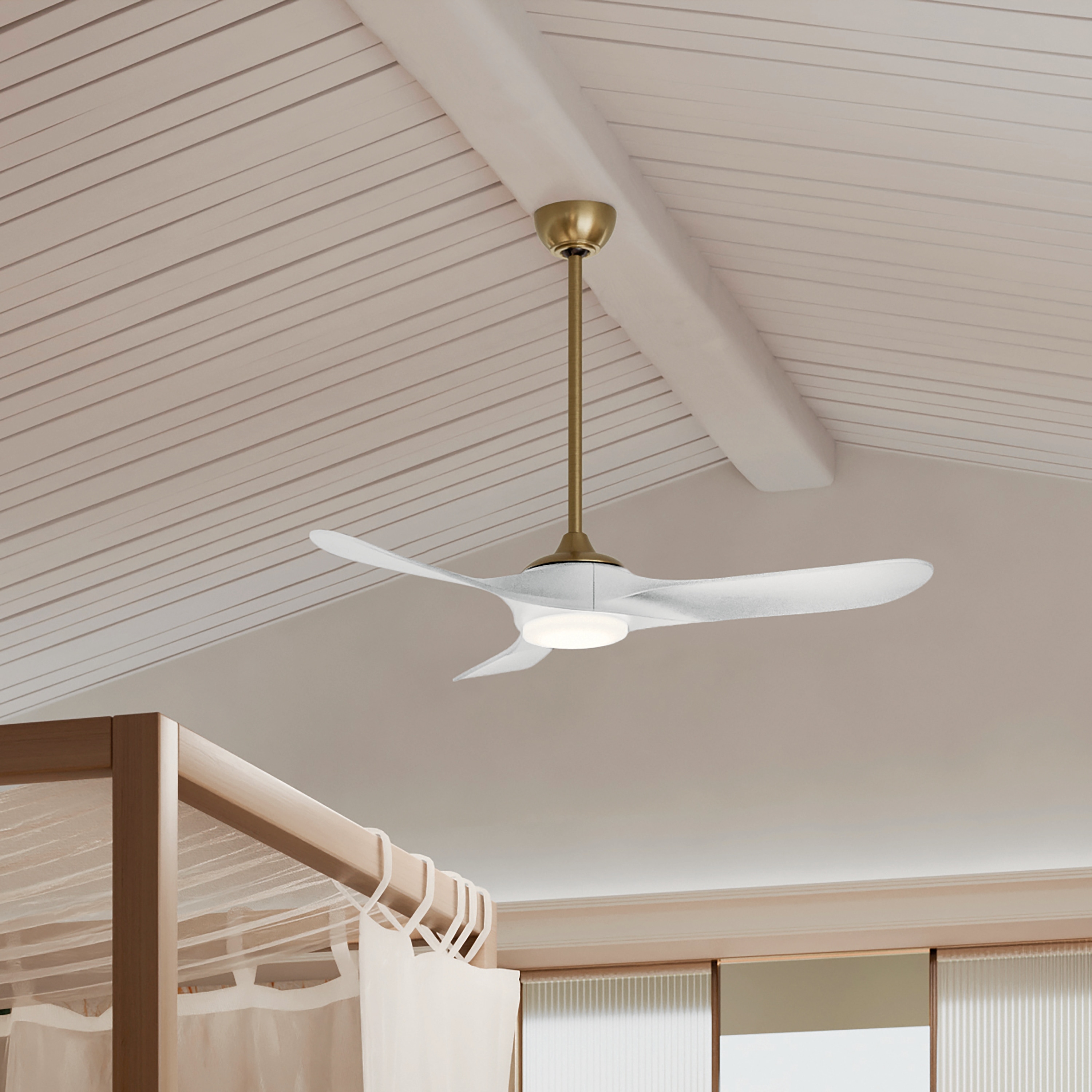 52 Inch Mylo Ceiling Fan with Satin Etch Cased Opal Glass in Champagne Bronze with Matte White Wood Blades