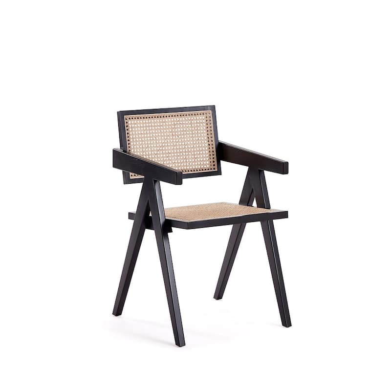 Manhattan Comfort Hamlet Dining Arm Chair in Black and Natural Cane - Black and Nature - Set of 2