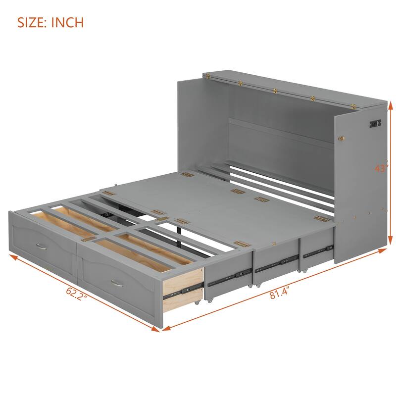 Folding Murphy Bed Queen Size Wall Cabinet Bed with Storage Drawer, Charging Station and Pulley Structure Design