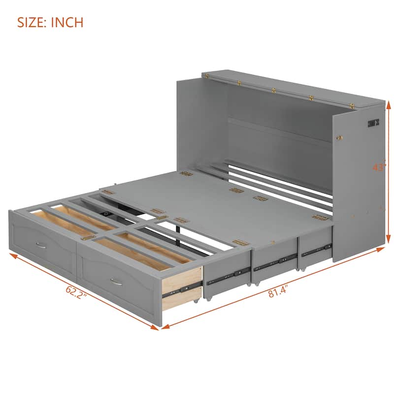 Queen Size Pull Out Murphy Bed Wall Bed with Charging Station, Storage Murphy Cabinet Bed with 2 Drawers, No Box Spring Needed