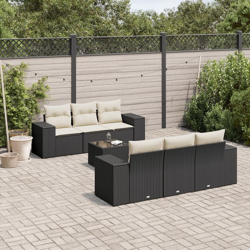 vidaXL Patio Sofa Set with Cushions Outdoor Furniture 7 Piece Poly Rattan - 24.4 x 36.6 x 27.2 - Black and cream