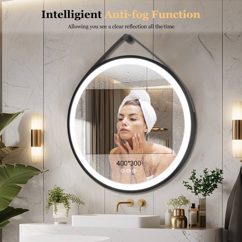 Round Black Framed Bathroom Mirrors Vanity Lighting with Microfiber Leather Hanging Strap