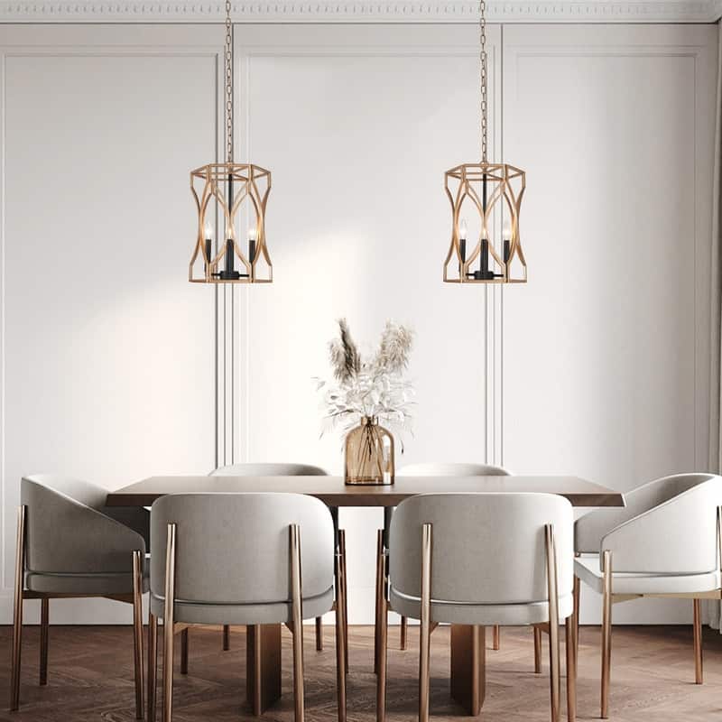 Modern 4-light Gold Chandelier Geometric Fretwork Frame Candle Ceiling Light - Antique Gold - D12" x H 77.5"