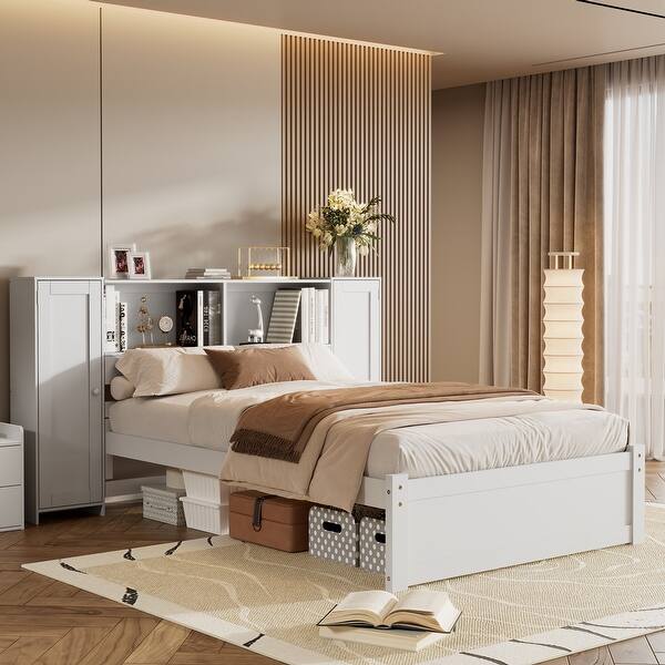 slide 2 of 9, Twin Size Platform Bed with Storage Headboard, Kids Bed Frame with 3-built-in shelves & 2-side lockers for Bedroom, White White - Twin