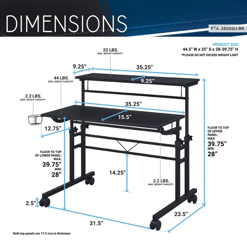 Techni Mobili Rolling Writing Desk with Height Adjustable Desktop - Black