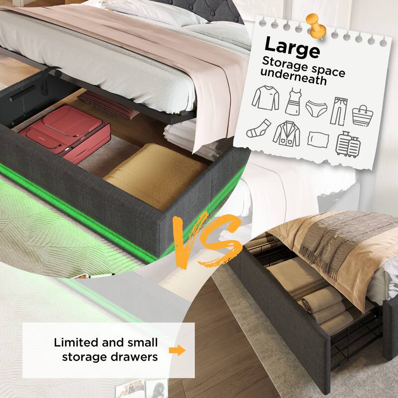 Twin Size Upholstered Bed with 360 LED, USB-C Charging, Hydraulic Storage, Gray Linen