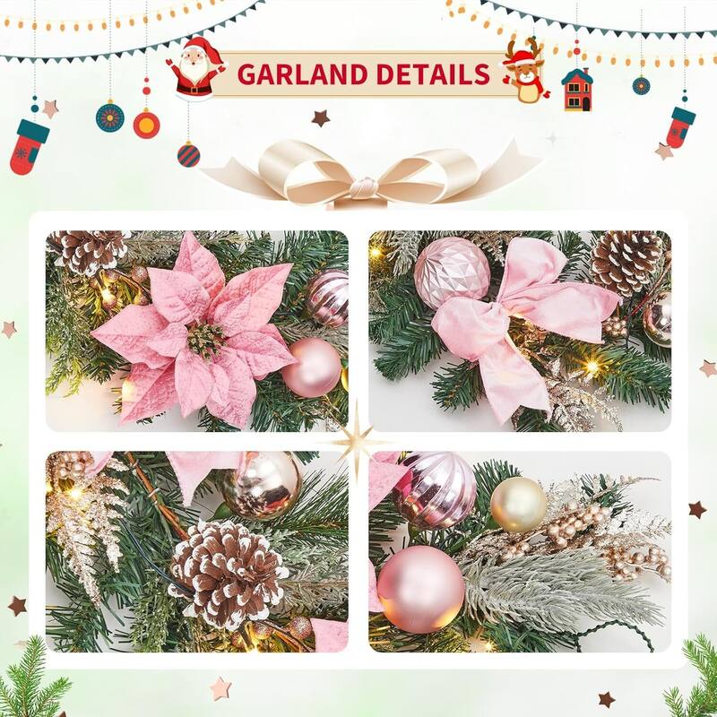 6ft Pink Flowers Christmas Garland with 20 LED Lights - N/A