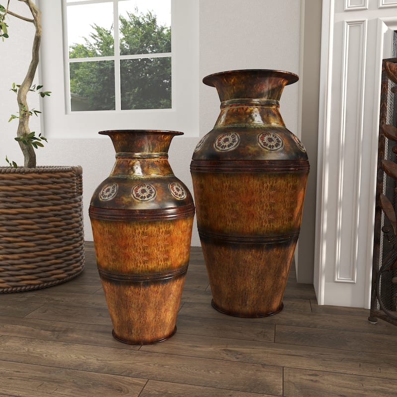 Brown Metal Indoor Outdoor Large Decorative Vase with Floral Relief (Set of 2)