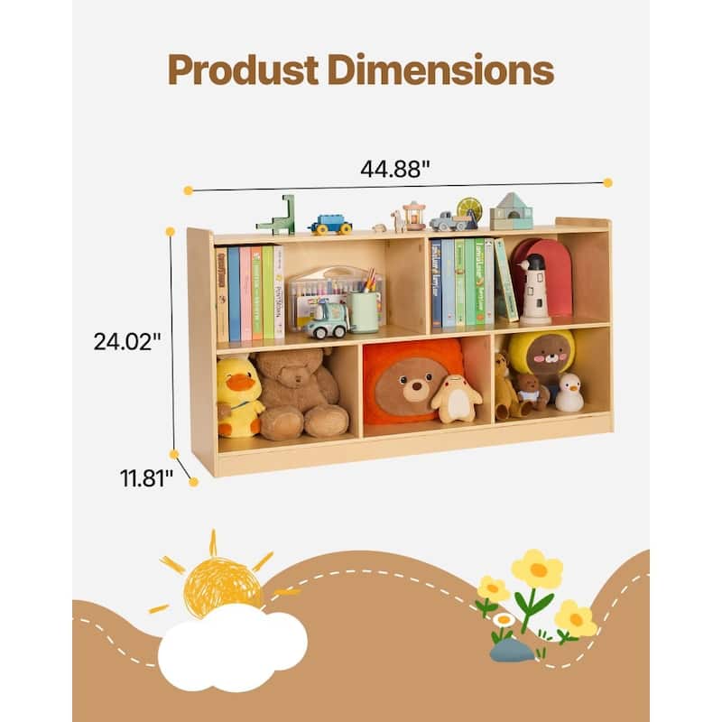 Brown Wooden Montessori Bookshelf with 5 Compartments and Top Shelf - 44.88 x 11.81 x 24.02 in