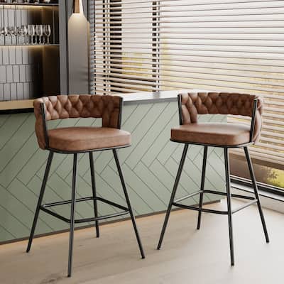 VECELO Counter Height Bar Stools with Woven Backrest 26.77" Seat Height Mid-Century Modern Upholstered Bar Chairs for Kitchen