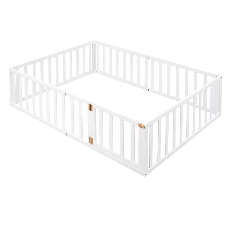 Full Size Floor Bed Frame with Safety Fence and Door Solid Wood Construction