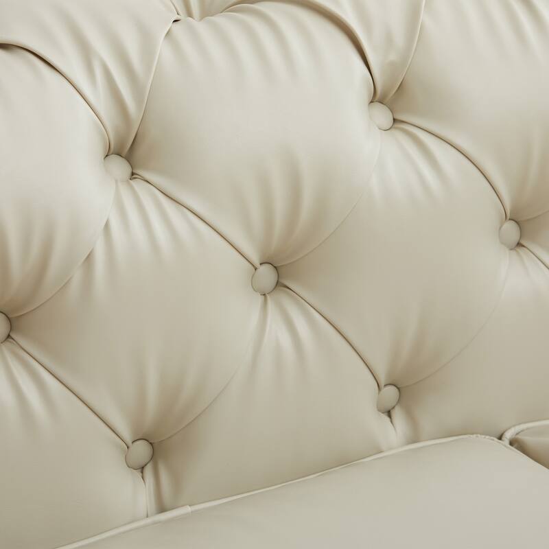 Vintage PU Button-Tufted Sofa Couch, Flared Arms, Rubberwood Legs & Nailhead Trim