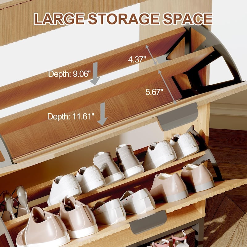 Slim Shoe Cabinet with 2 Flip Drawers & Top Drawer