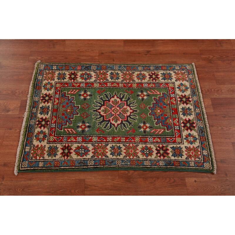 Green Geometric Kazak Oriental Foyer Rug Handmade Wool Carpet - 2'0"x 3'0"