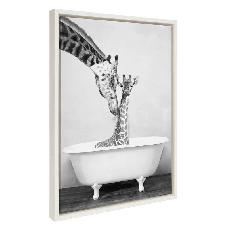 Kate and Laurel Sylvie Giraffe in Tub Framed Canvas by Amy Peterson - 18x24 - Plastic - White