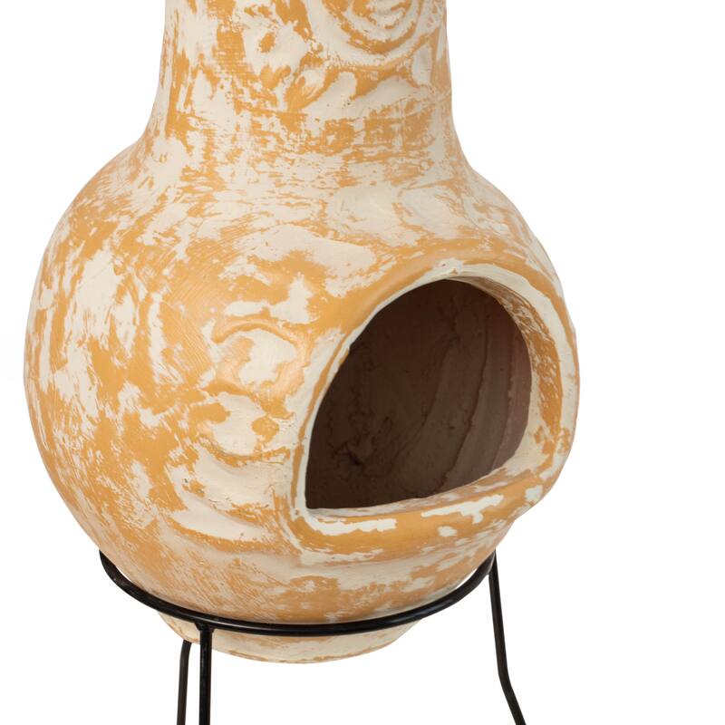 Outdoor Clay Chiminea Fireplace Sun Design Wood Burning Fire Pit with Sturdy Metal Stand, Barbecue, Cocktail Party