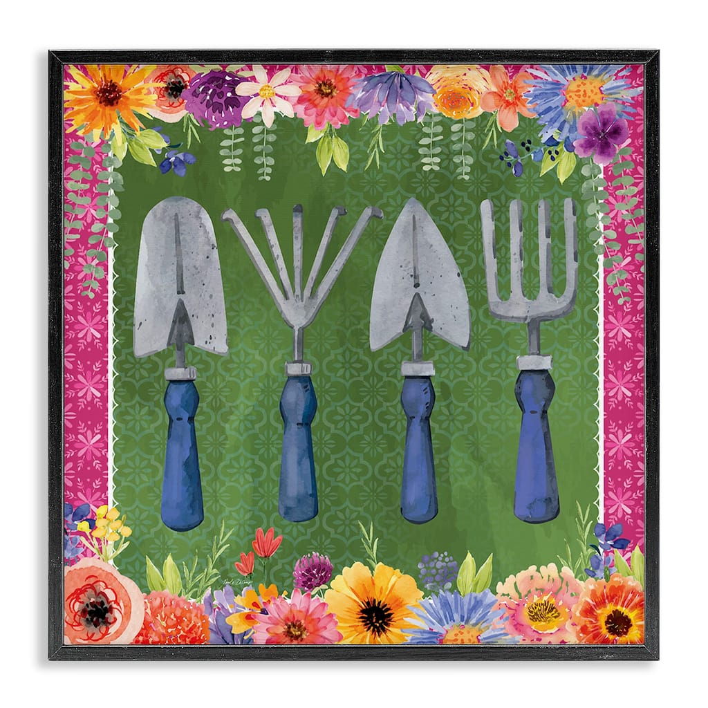 Stupell Gardening Tools & Floral Border Framed Giclee Art Design By Nicole DeCamp