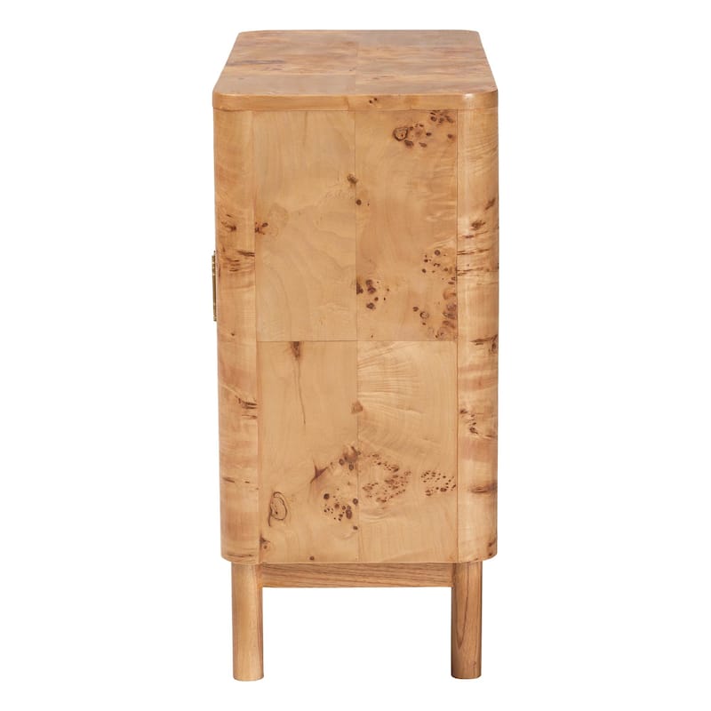 Latika Real Burl Wood Storage Cabinet in Dark Walnut Brown - Modern Accent Cupboard with Double Doors and Brass Handles