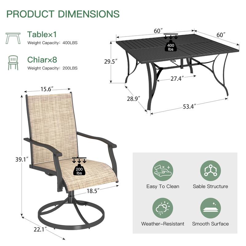 Patio Dining Set w Textilene / Swivel Rocking Chairs, Outdoor Table & Chairs w Adjustable Umbrella Hole, 5/7/9-Piece Garden Set