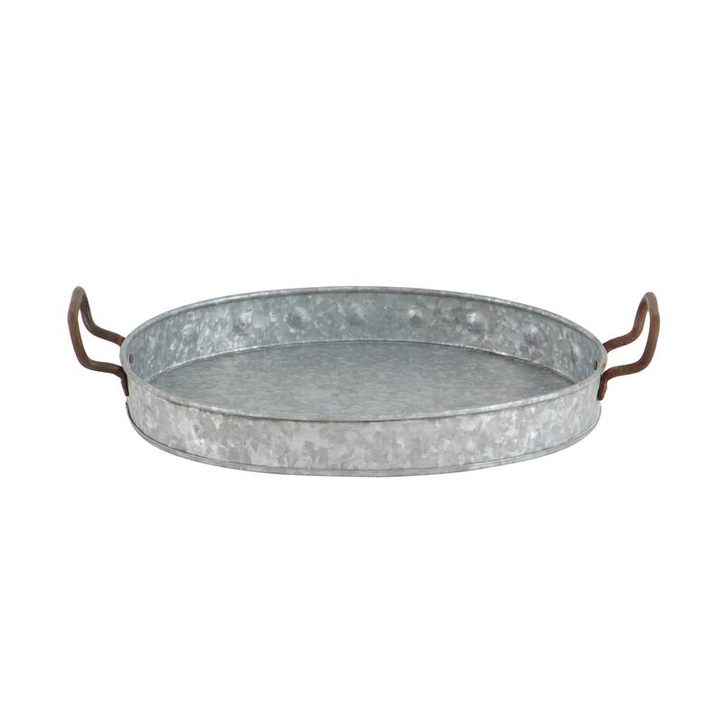 Gray Metal Galvanized Oval Living Room Decor Tray with Rust Handles (Set of 3)