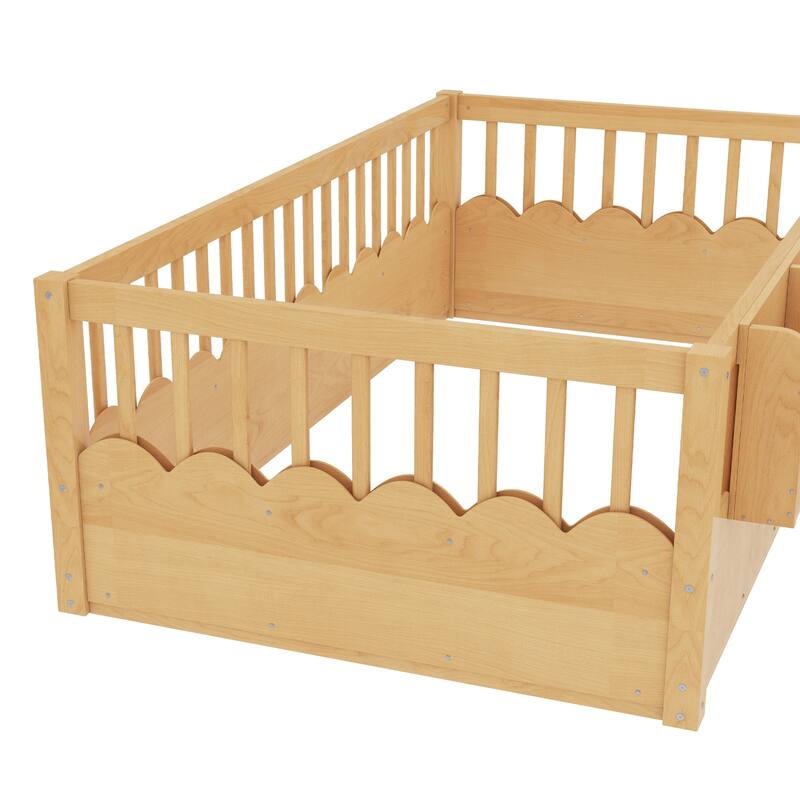 Queen/Full/Twin Floor Bed with Fence and Bookshelf, Wood Kids Floor Bed