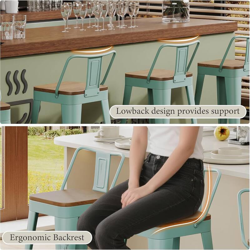 Industrial Style Counter Stools with Metal Frame 24" Kitchen Counter Height Stools with Low Back and Wooden Seat