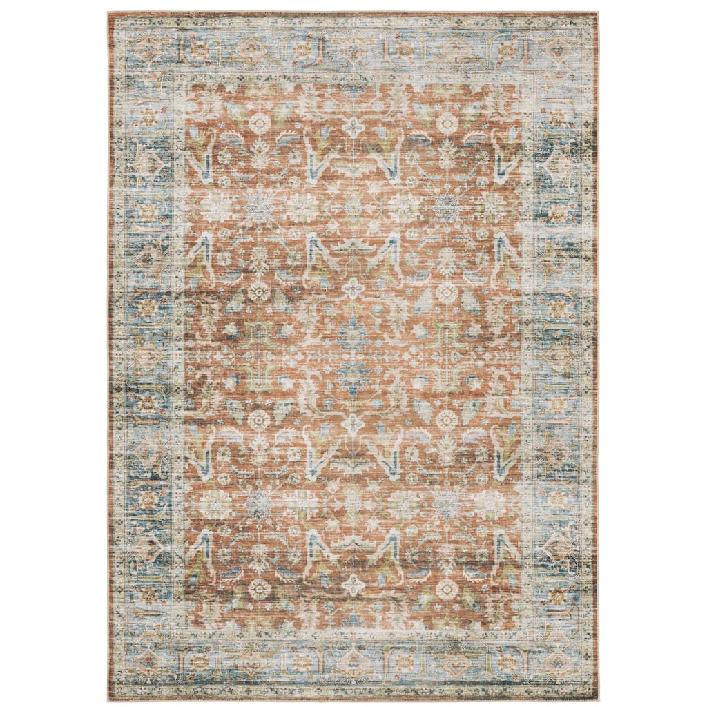 Clichy Rust Blue Non-Skid Oriental Distressed Washable Traditional Area Rug