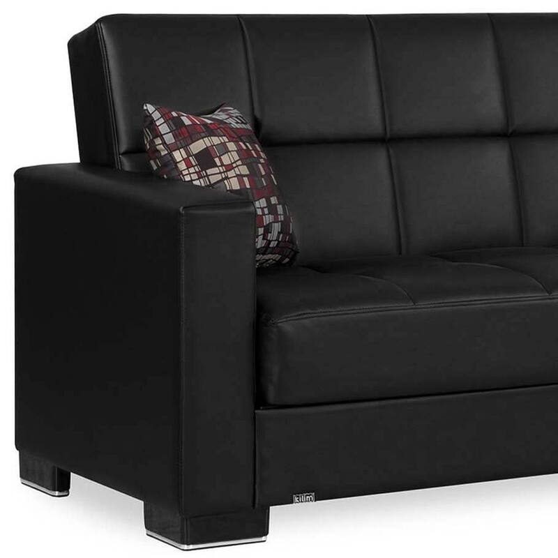 HomeRoots 87" Black Faux Leather Convertible Futon Sleeper Sofa And Toss Pillows With Storage