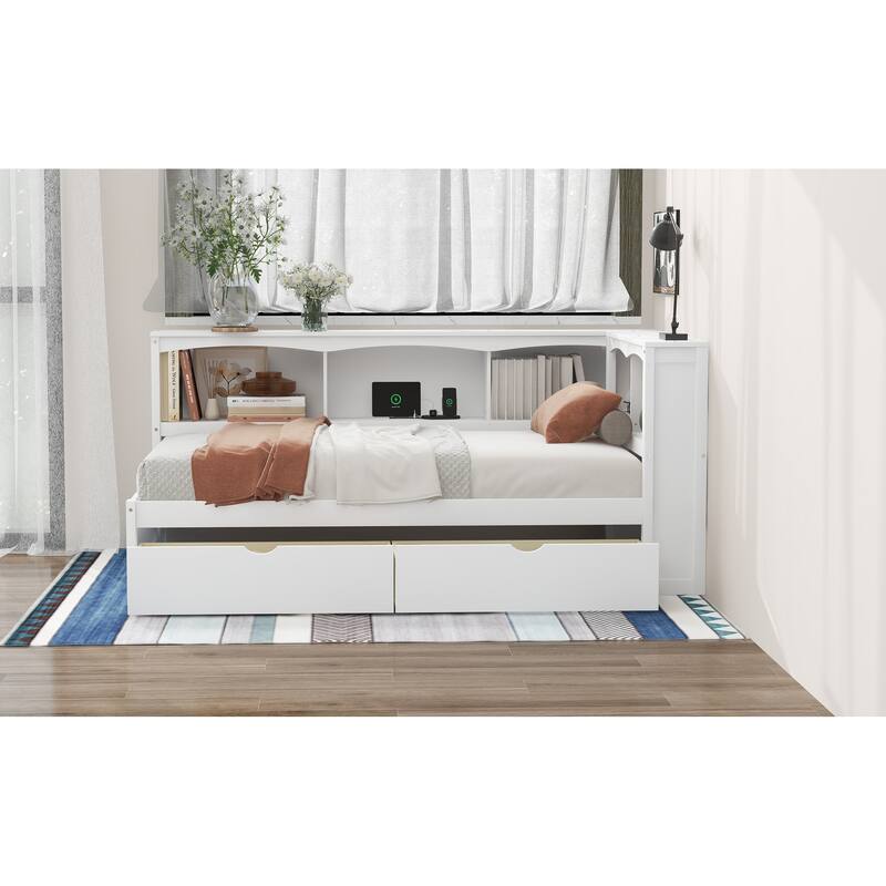 Twin Size Daybed with Storage Drawers, Cabinets and USB Charging Ports in White