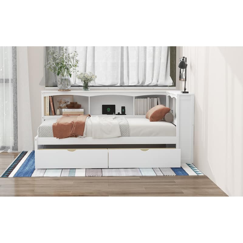 Twin Size Daybed with Two Storage Drawers, Storage Cabinets and USB Ports