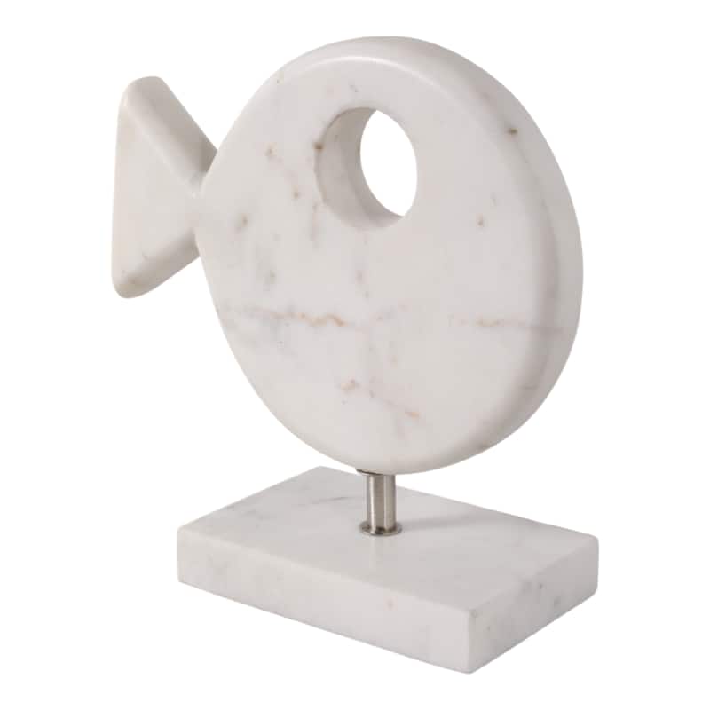 Stone Marble Figurine Coastal Fish Sculpture Home Office - 9" White - 9" x 4" x 9.5"