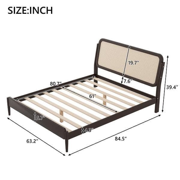 Antique Espresso Queen Size Wood Storage Platform Bed with Rattan LED Headboard
