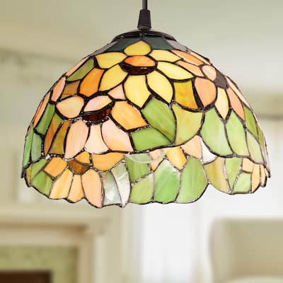 Mademoiselle River of Goods Black Metal and Stained Glass 10-Inch Pendant Light with Adjustable Hanging Cord - 10" x 10" x 72"