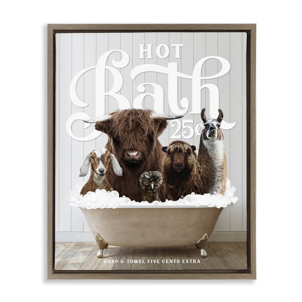 Stupell Farm Animals in Bath Framed Floater Canvas Wall Art Design by Lettered and Lined