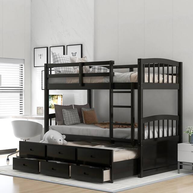 Contemporary Casual Style Twin over Twin Wood Bunk Bed with Trundle and Drawers, with High-quality Solid Wood for Bedroom - Espresso