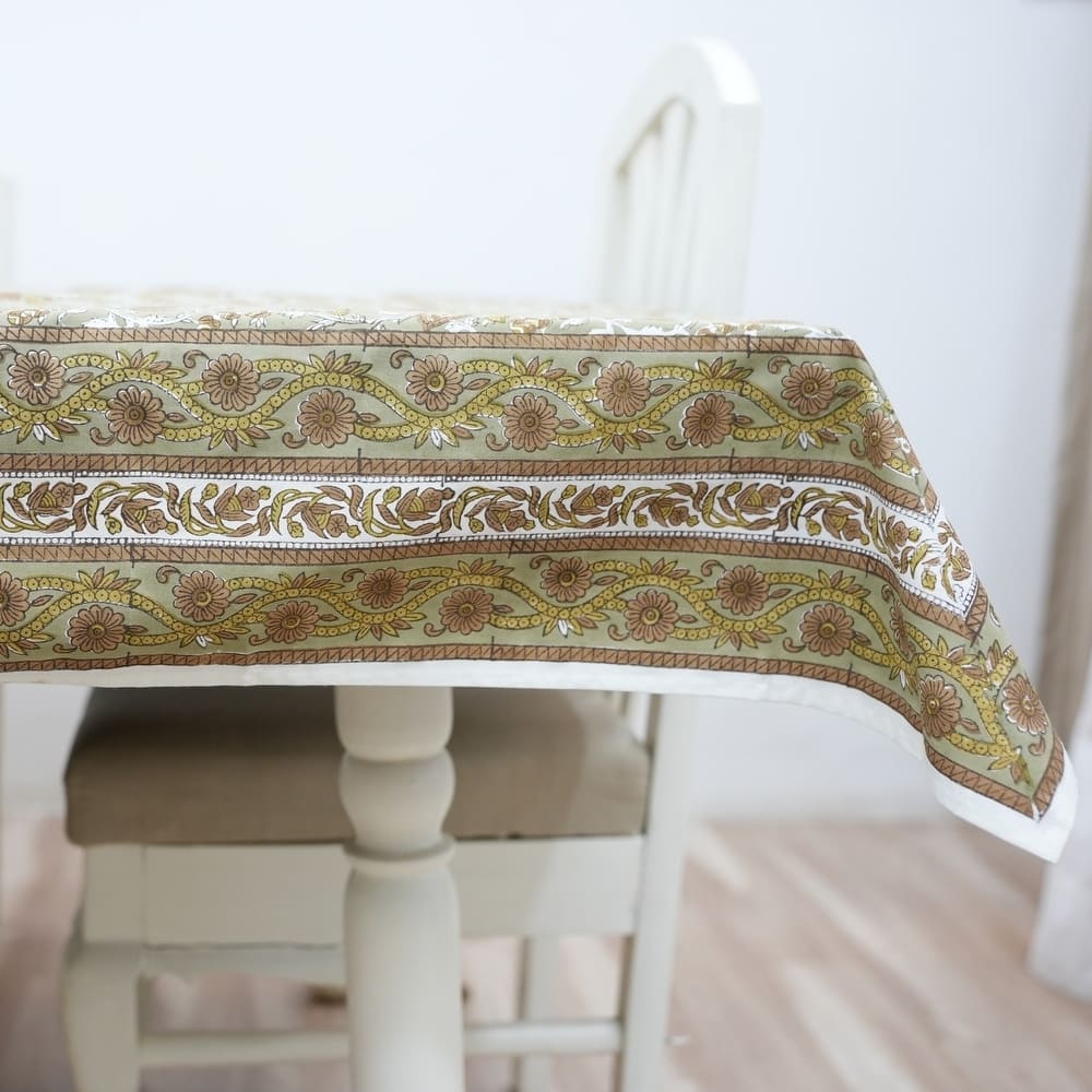 Fabdivine Handmade Block Print Cotton Brown Table Cover or Cloth Dining, Farmhouse & Kitchen Décor