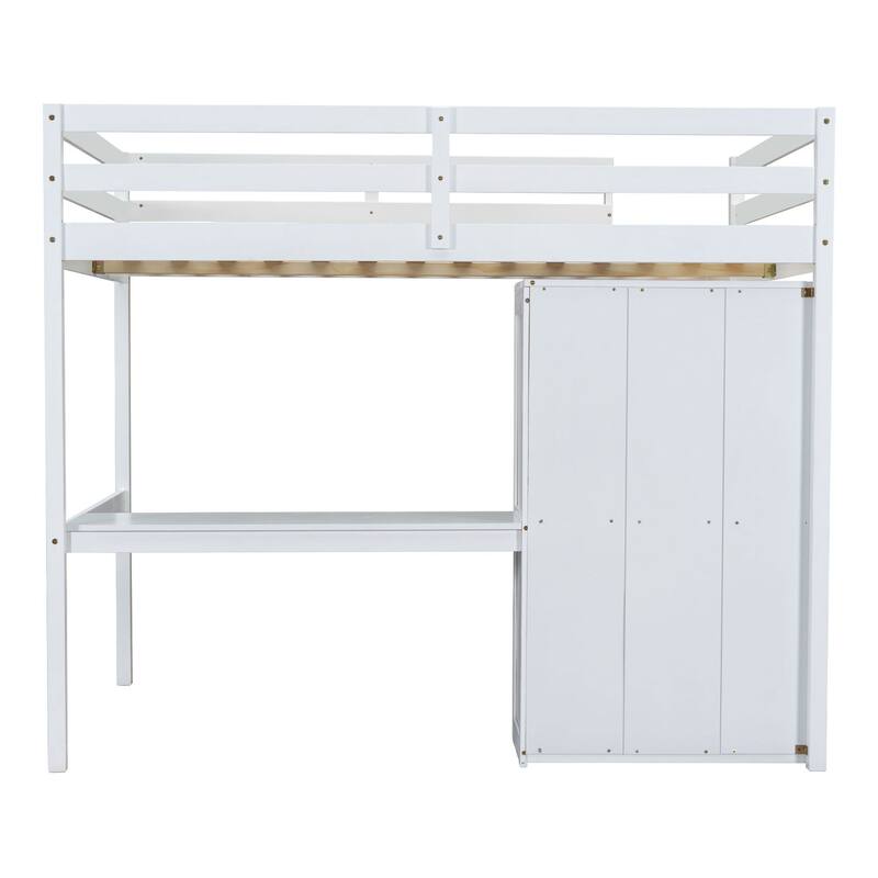 Full Size Wood Loft Bed with Built-in Wardrobe, Desk, Storage Shelves and Drawers, White
