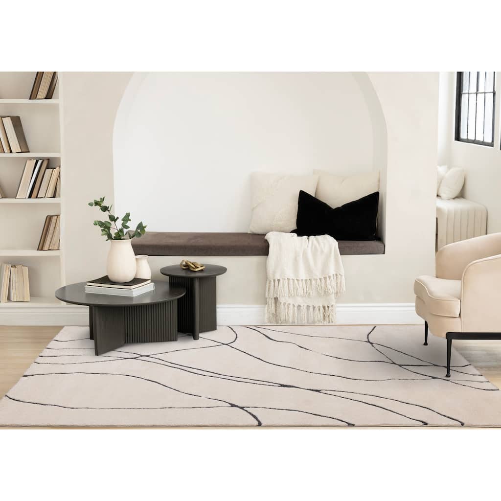 White Charcoal Wavy Lines Soft Textured Rug