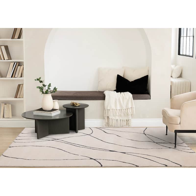 White Charcoal Wavy Lines Soft Textured Rug