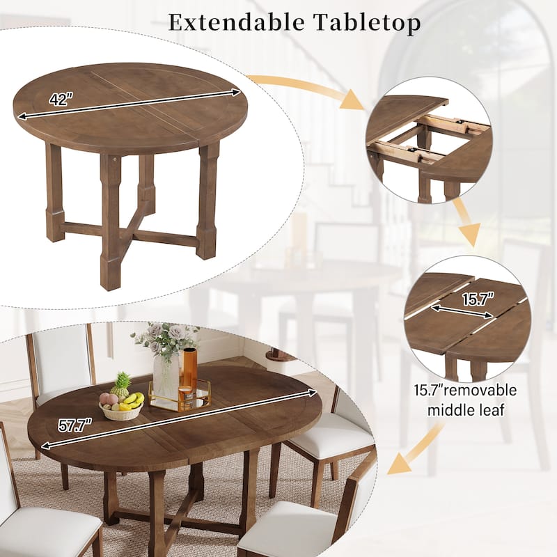 5 Pcs Round Extendable Dining Table Set with 4 Upholstered Chairs, Kitchen Table Set with Removable Leaf & Solid Wood Trestle