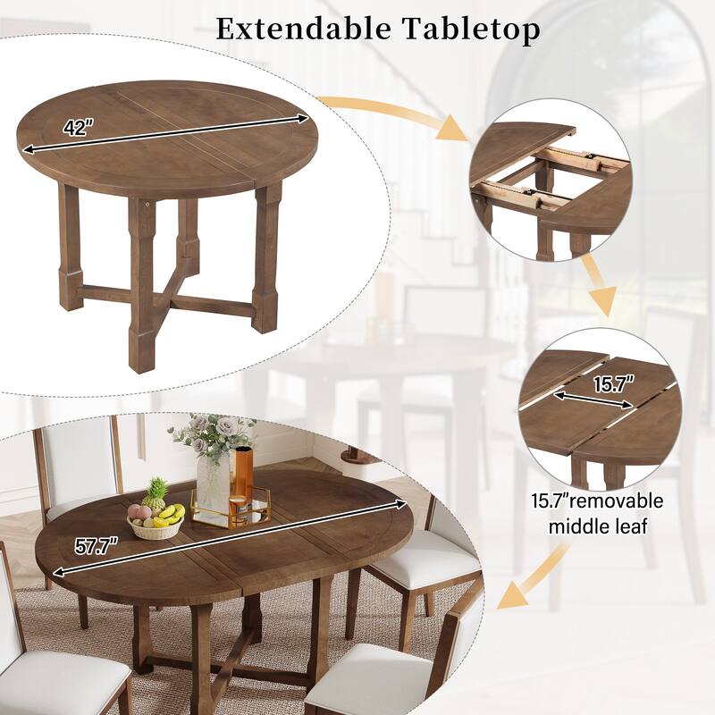 5-Piece Extendable Dining Table Set for 4, Round Dining Table for 4 with Upholstered Chairs, Farmhouse Kitchen Table Set