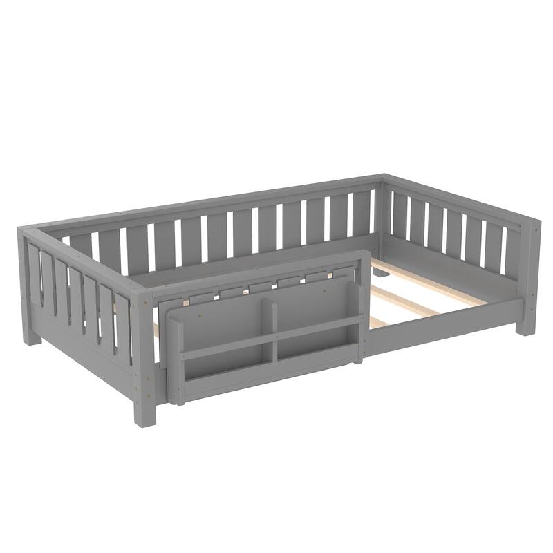 Montessori Floor Bed Low Profile Kids Bed with Rails & Bookshelf