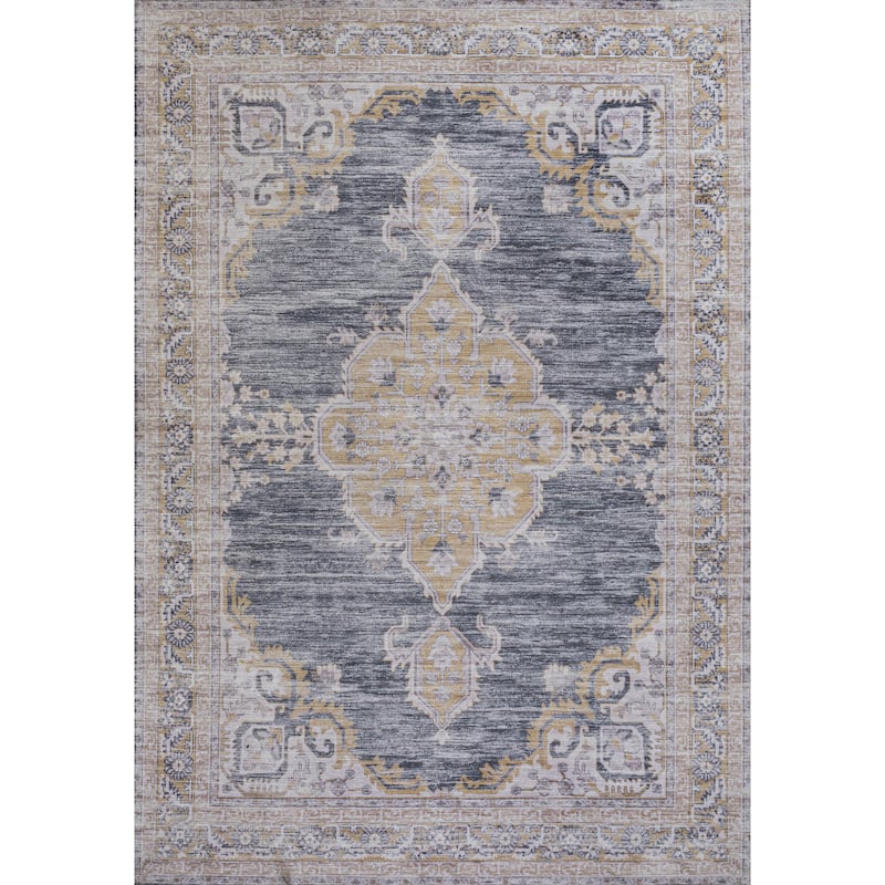 JONATHAN Y Chapell Cottage Medallion Machine-Washable Area Rug - 5 X 8 - Dark Gray/Yellow