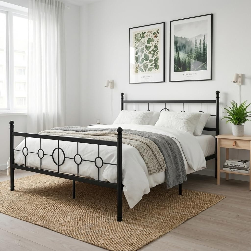 Bedroom Metal Bed Frame with Vintage Circular Headboard and Footboard,Heavy-Duty Iron Platform Bed,No Box Spring Needed