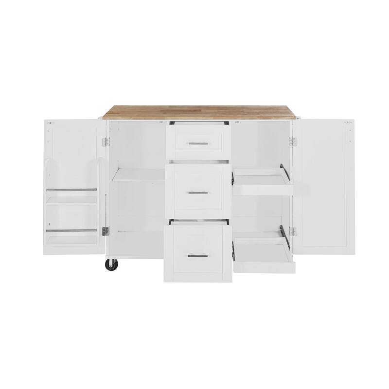 Rubberwood Kitchen Cart with Internal Storage Rack, Spice Rack, 2 Slide-Out Shelf, and 3 Drawer