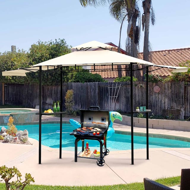 12Ft.Wx8.5Ft.H Steel Double Tiered Backyard Patio BBQ Grill Gazebo with Bar Counters