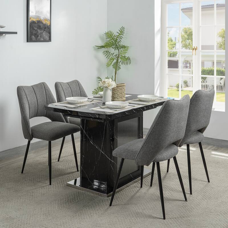 47.24"-63"Modern Rectangle Dining Table, Stretchable, with Printed Black Marble Table Top+Storage Cabinet Table Leg