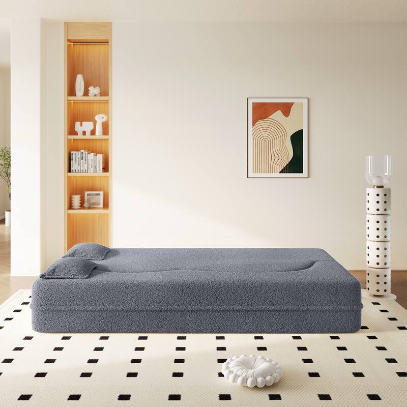 Modern Floor Sofa with 2 Pillows,Convertible Teddy Fabric Foam-Filled Sleeper Sofa Bed