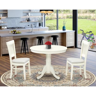 Modern 3Pc Dining Set - Round Table & 2 Chairs - Linen Fabric Seat - White Finish