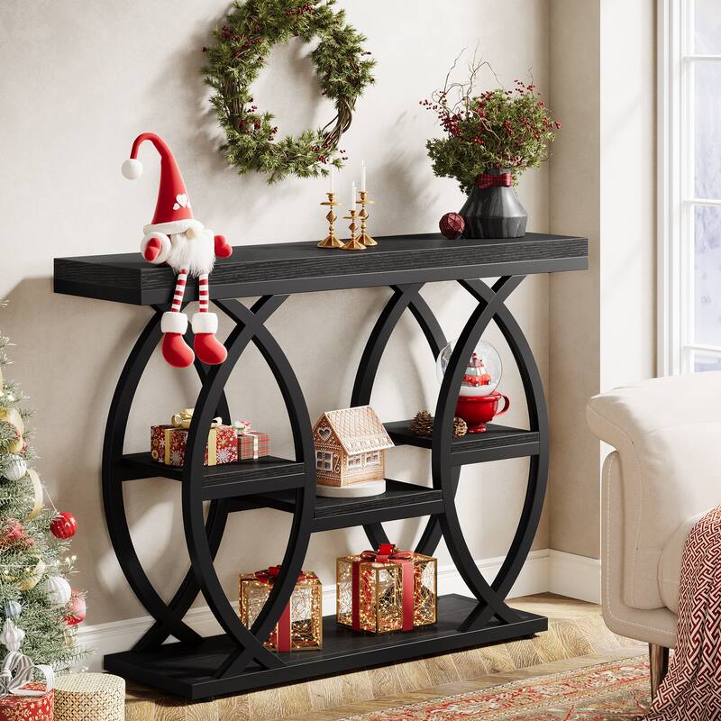 Industrial Console Table, 4-Tier Sofa Table with Geometric Metal Frame